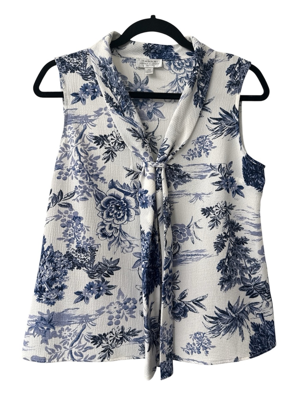 Tahari ASL Sleeveless Tie-Neck Floral Top - Blue/White